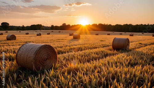 Golden Sunset Over Rolling Wheat Field With Bales in Rural Landscape at Dusk
