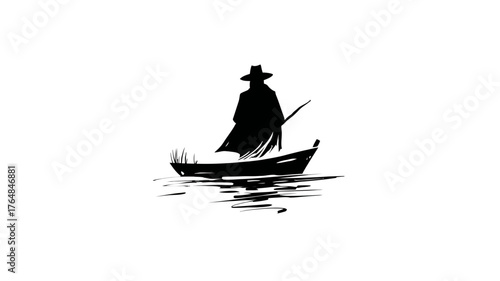 Mysterious silhouette of a man in a hat and coat standing in a small boat on calm water, black and white minimalist illustration.