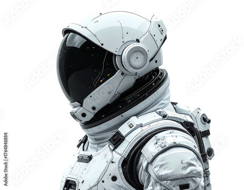 Sci-fi astronaut in a detailed white space suit against a black background, side view