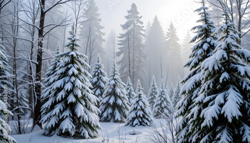 Majestic Winter Forest Covered in Snow with Evergreen Trees and Fog in Morning Light