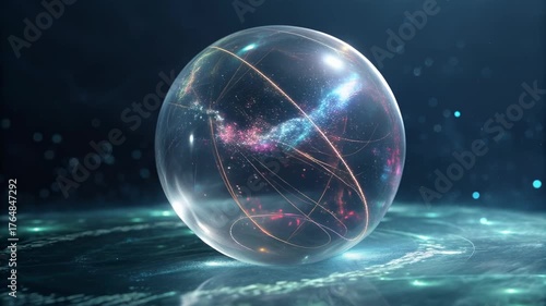 Transparent glass orb glowing with delicate light filament cosmic dust floating above shimmer water ethereal futuristic design glowing galaxy inside