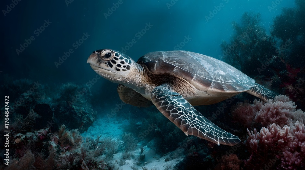 Fototapeta premium A green sea turtle swims gracefully over a colorful coral reef in the deep blue ocean