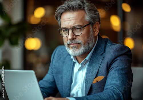 Man with laptop wearing glasses and blue blazer