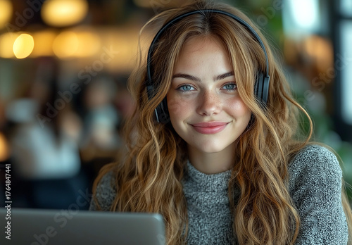 Portrait of a girl with headphones and a laptop smiling