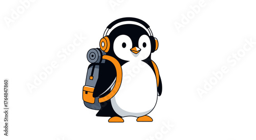 Cute cartoon penguin wearing headphones and backpack ready for adventure.