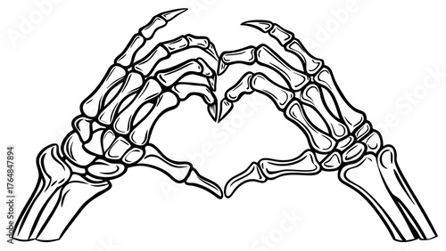 Show Some Skeleton Love with this Halloween Heart Hands Gesture, Perfect for Spooky Season Designs and Eerie Romance Themes, Vector Art for Greeting Cards