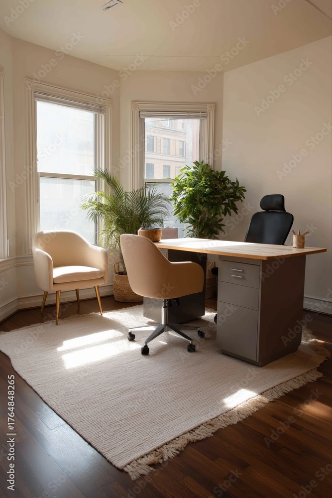 Fototapeta premium Modern home office interior with sunlight and green plants
