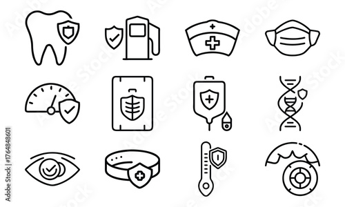 Medical and Vehicle Insurance Line Icons – Health, Auto, Life, and Safety Protection Outline Vector Icon Set for Insurance, Hospital, and Business Design