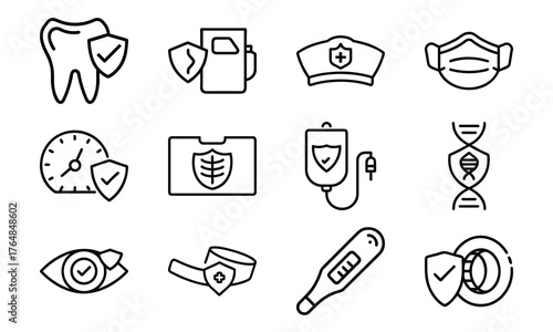 Medical and Vehicle Insurance Line Icons – Health, Auto, Life, and Safety Protection Outline Vector Icon Set for Insurance, Hospital, and Business Design