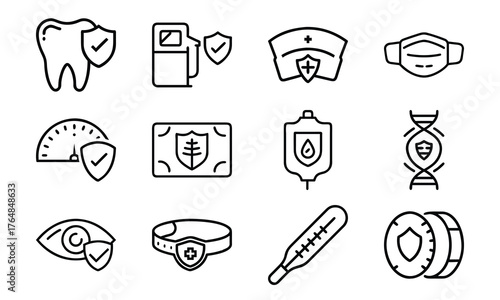 Medical and Vehicle Insurance Line Icons – Health, Auto, Life, and Safety Protection Outline Vector Icon Set for Insurance, Hospital, and Business Design