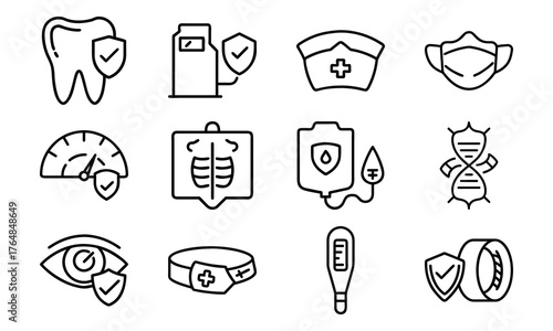 Medical and Vehicle Insurance Line Icons – Health, Auto, Life, and Safety Protection Outline Vector Icon Set for Insurance, Hospital, and Business Design
