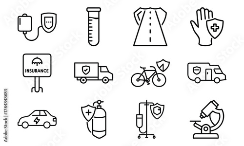 Medical and Vehicle Insurance Line Icons – Health, Auto, Life, and Safety Protection Outline Vector Icon Set for Insurance, Hospital, and Business Design