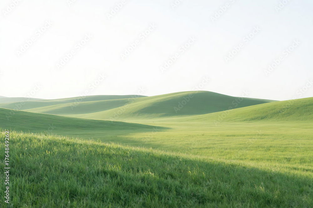 Obraz premium Vast expanse of lush green meadow with dense grass under sunlight, rolling hills in distance under clear white sky, serene and open landscape concept.