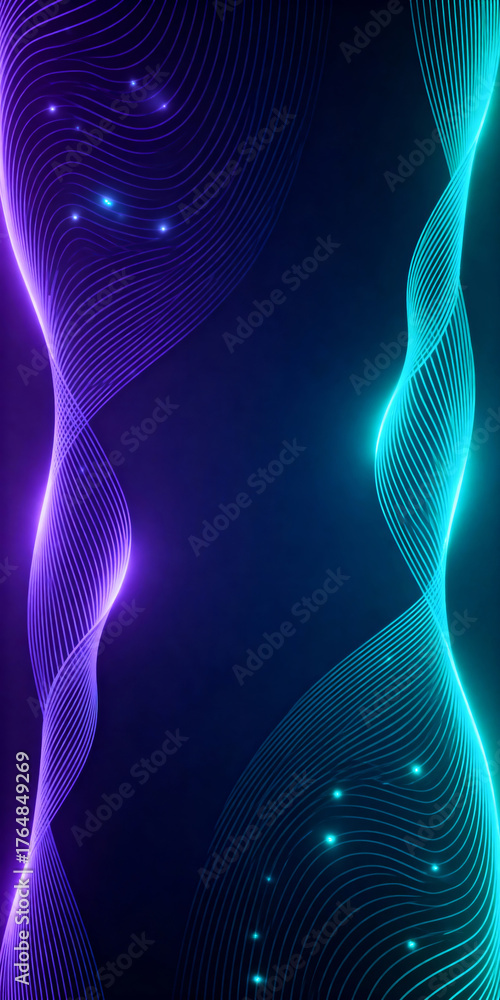Naklejka premium Ultra-Wide Abstract Design with Glowing Cyan and Purple Dynamic Energy