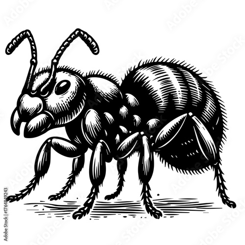 Detailed black and white illustration of an ant, showcasing its anatomy.