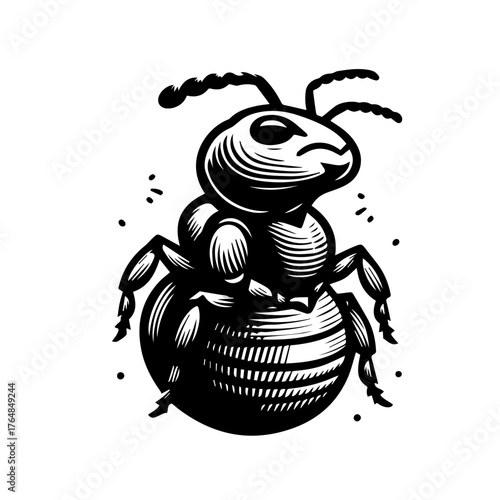 Stylized black and white illustration of an ant with detailed shading and a grumpy expression.