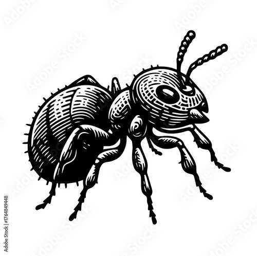 Detailed black and white illustration of an ant, showcasing intricate linework and details.