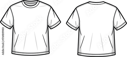 Basic T-shirt technical sketch, short sleeve, round neck, front and back view, stitching detail, cad drawing flat vector illustration