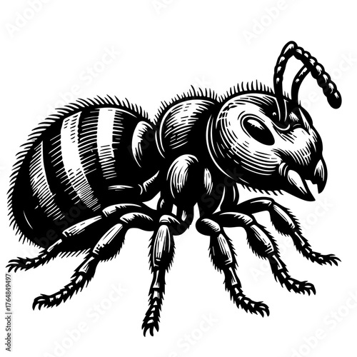 Detailed engraving of an ant, showcasing its segmented body, antennae, and legs in a black and white illustration.