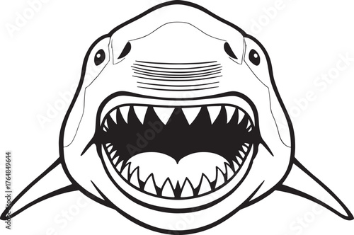 Close-up sketch of a roaring shark head, shark jaw skeleton silhouette