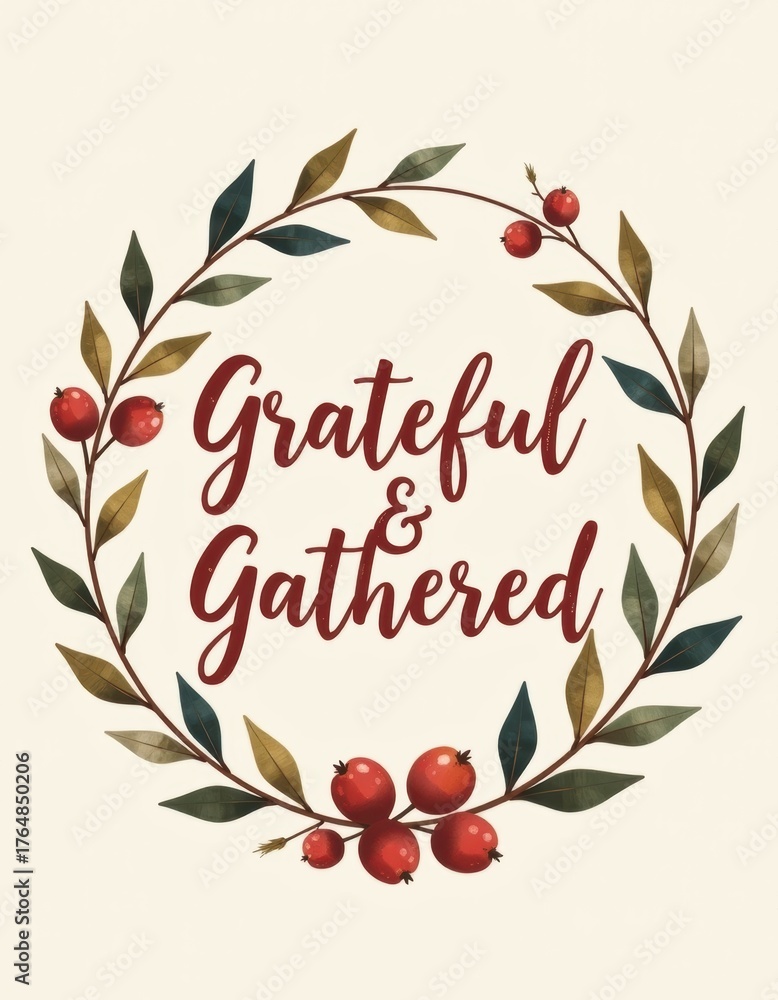 Obraz premium “Grateful & Gathered” in soft caramel tones, watercolor wreath made of dried leaves and berries, textured cream background, simple elegant country postcard.
