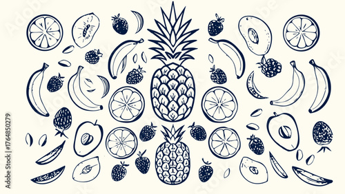 Hand-drawn fruit composition in vintage sketch style. Includes pineapples, bananas, mangoes, papayas, coconuts, and citrus slices.