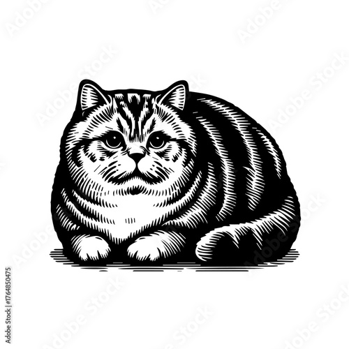 A chubby striped cat is lying down, rendered in a detailed black and white woodcut style.