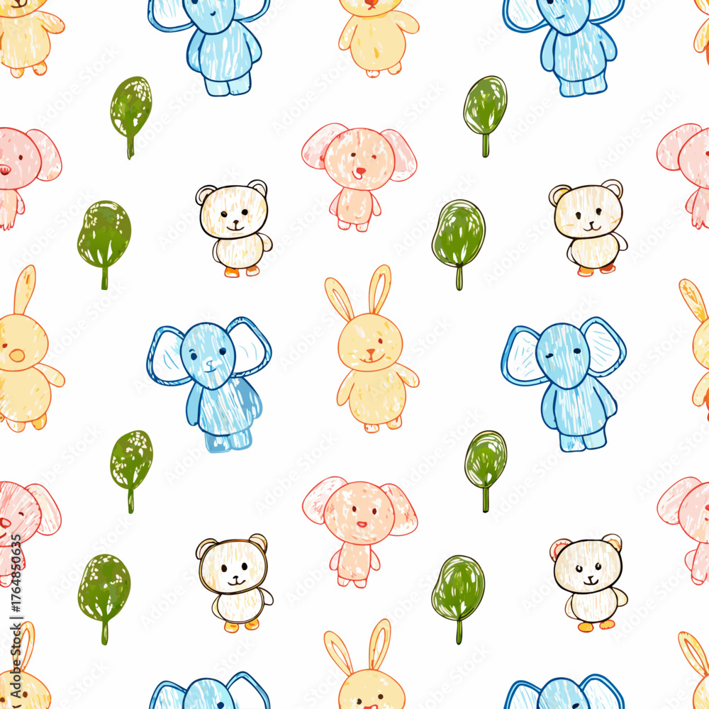 Obraz premium Seamless pattern featuring cute hand-drawn baby animals like elephants, bunnies, kittens, and ducks.