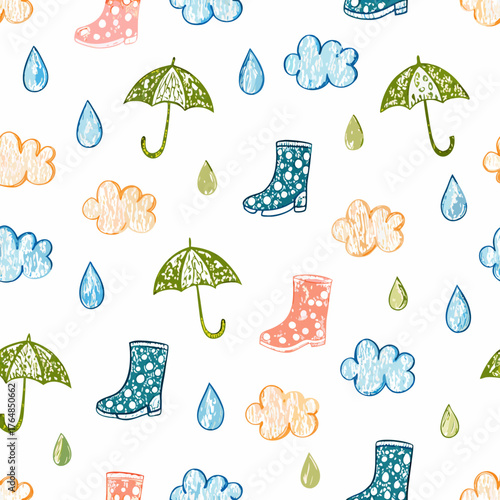 Seamless pattern with umbrellas, raindrops, rain boots, and clouds in playful hand-drawn style.