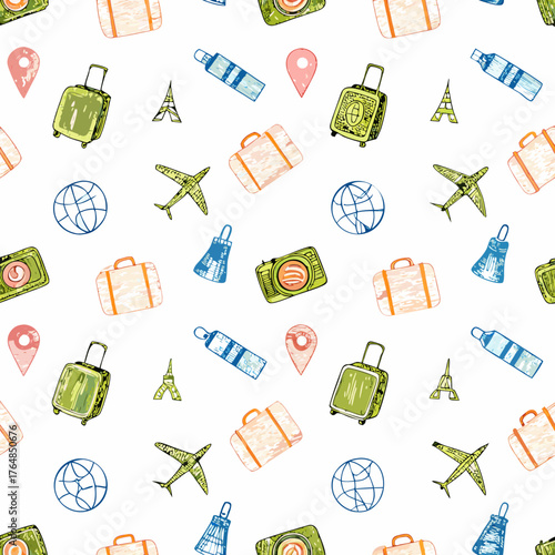 Seamless travel-themed pattern in a playful, hand-drawn style. Features suitcases, airplanes, cameras, maps, and landmarks.