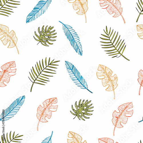 Seamless tropical leaf pattern in a hand-drawn, playful sketch style.