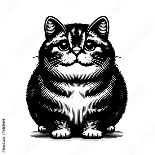 A stylized, round cat with striped fur sits facing forward in a detailed black and white illustration.