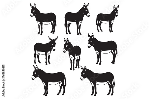 Black donkey silhouettes in various poses animal white set, bundle, vector, isolated on white background, cutout, png, clipping path, transparent, image, download, 2025,2026 Simple element illustratio
