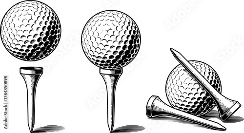 Black and White Engraving Style Golf Balls and Tees
