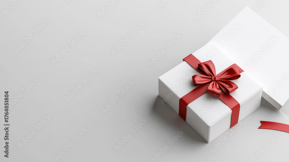 Obraz premium White gift box with shiny red ribbon and bow symbolizing celebration, giving, and special occasions like Christmas, Valentine's Day, and birthdays, offering a luxurious present concept