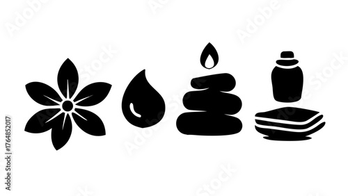 Black and white spa icons featuring flower, drop, stones and bottle for relaxation and wellness theme