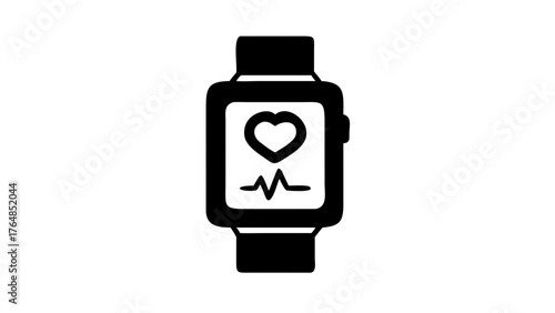 Illustration of a smartwatch displaying a heart symbol and a heartbeat line in black color scheme