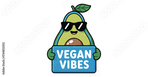 Cartoon avocado character with sunglasses holding "Vegan Vibes" sign, promoting fun, plant-based lifestyle and ethical food awareness