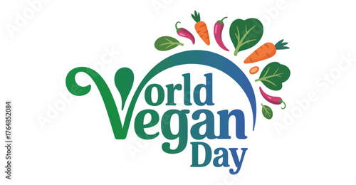Colorful "World Vegan Day" logo with vegetable illustrations and curved arc symbolizing unity, health, and plant-based lifestyle awareness