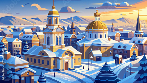 Very beautiful snowy cityscape with a golden-domed church viewed from above, blending historic charm and modern serenity in a peaceful winter atmosphere.