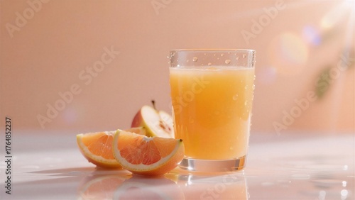Refreshing orange juice in a glass, surrounded by vibrant fruit slices, perfect for a healthy breakfast or snack.