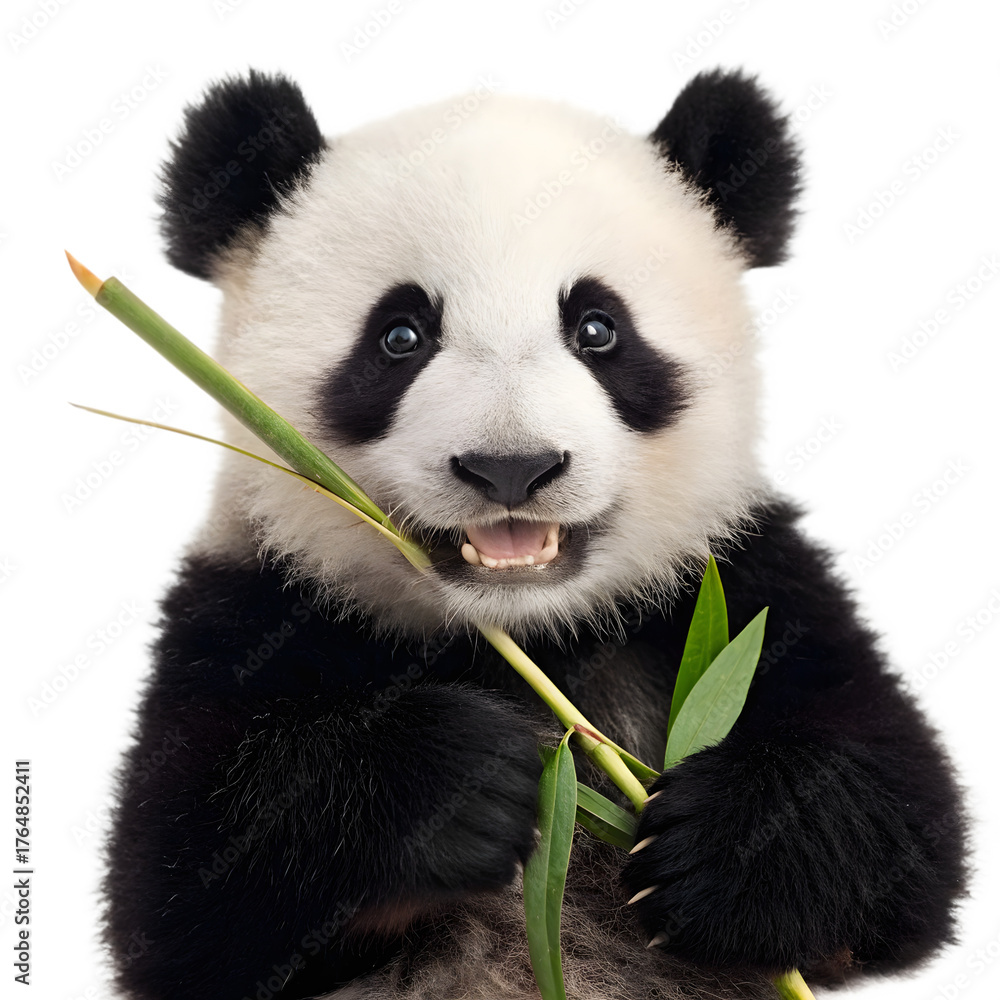 Naklejka premium Adorable panda cub eating bamboo isolated on transparent background in closeup view