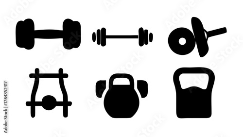 Illustration showing various types of gym equipment including dumbbells and kettlebells in black color