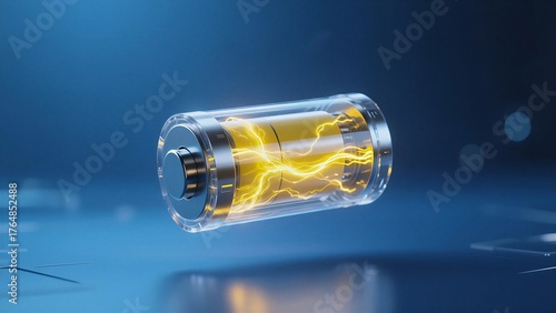 A futuristic energy cell glowing with vibrant lightning, used for advanced technology and innovation.