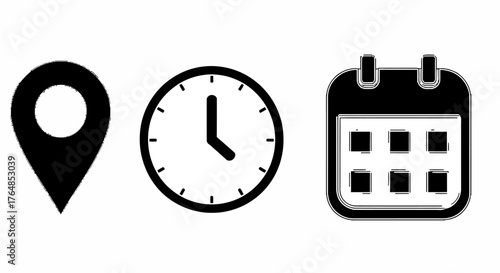 Location, time and calendar icons isolated on white background