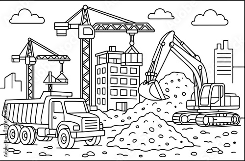 hand drawn vector doodle illustration of detailed construction coloring page for kids line art