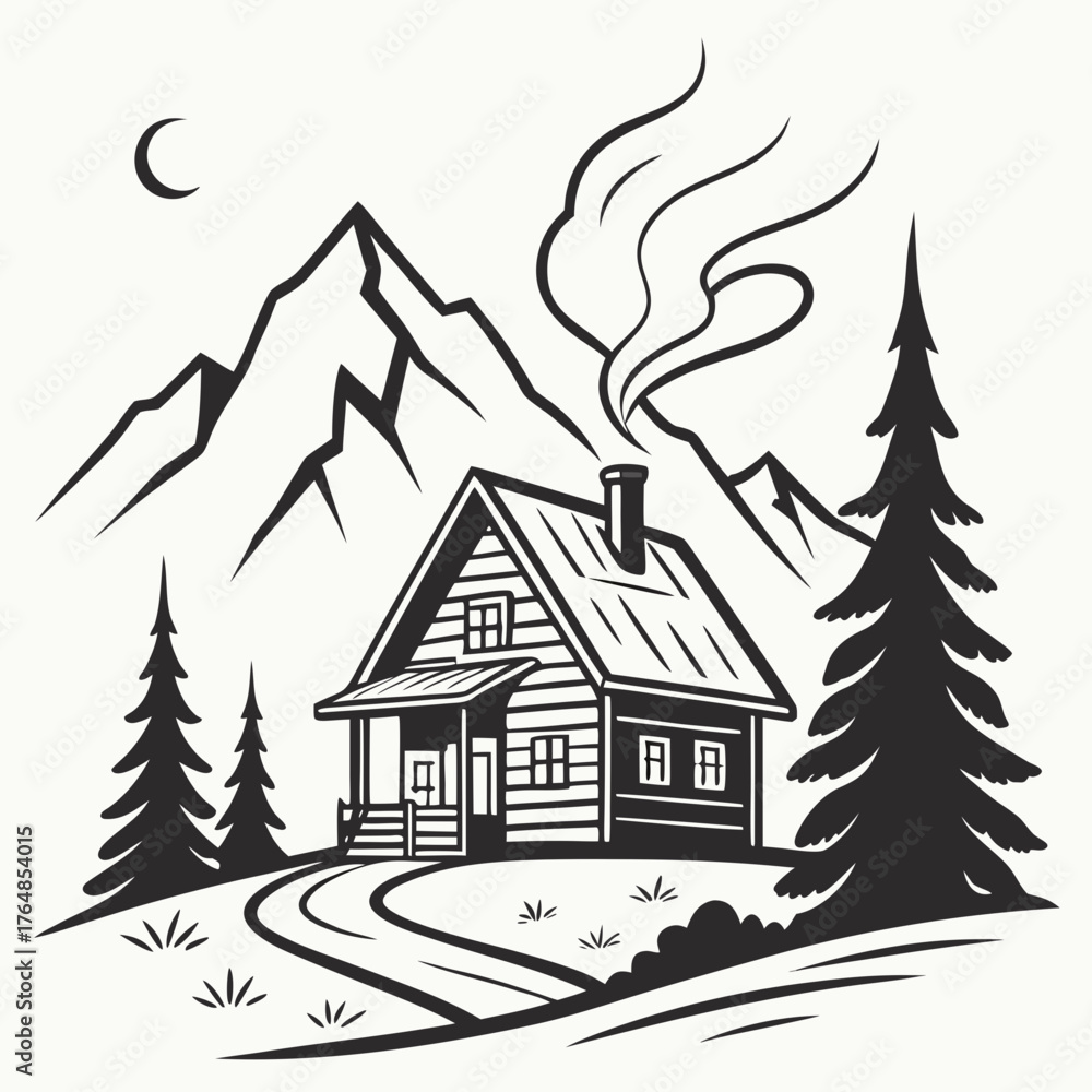 Fototapeta premium Cabin in the mountains with smoke coming from the chimney