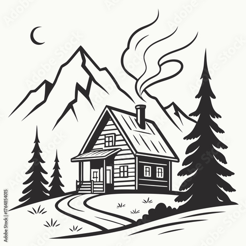 Cabin in the mountains with smoke coming from the chimney