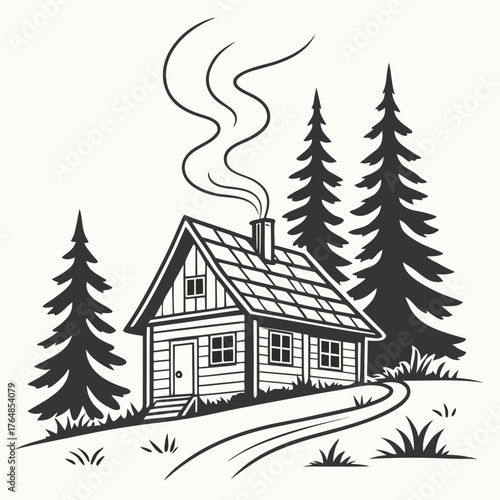 Cozy cabin in the woods with smoke coming from the chimney