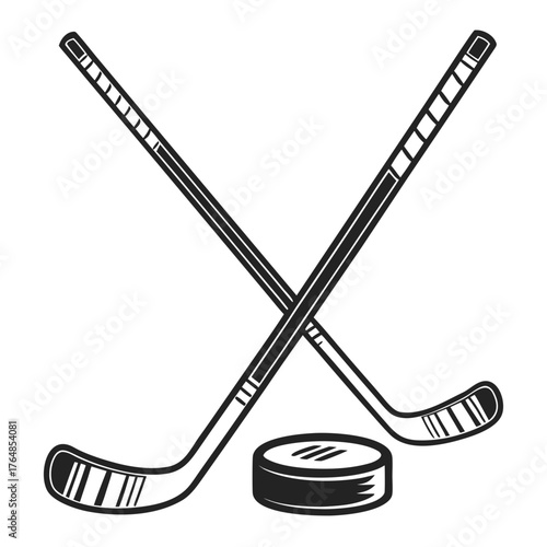 Crossed hockey sticks and puck in monochrome style